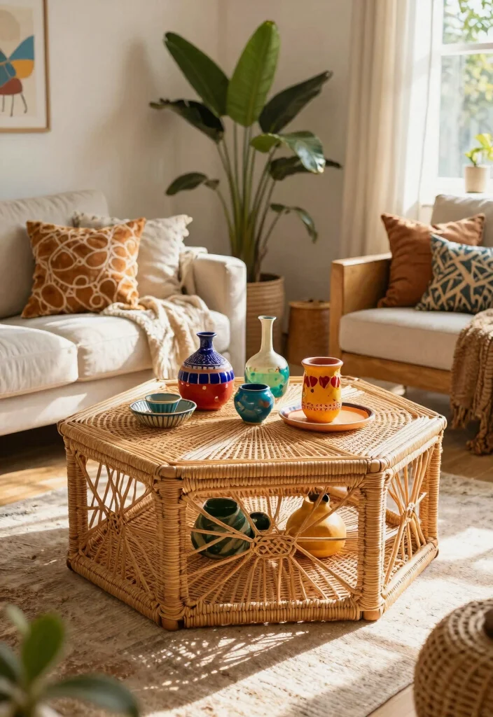 28 Rattan Coffee Table Ideas for a Boho Living Room - 7. Statement Rattan Coffee Table with Unique Shapes 1