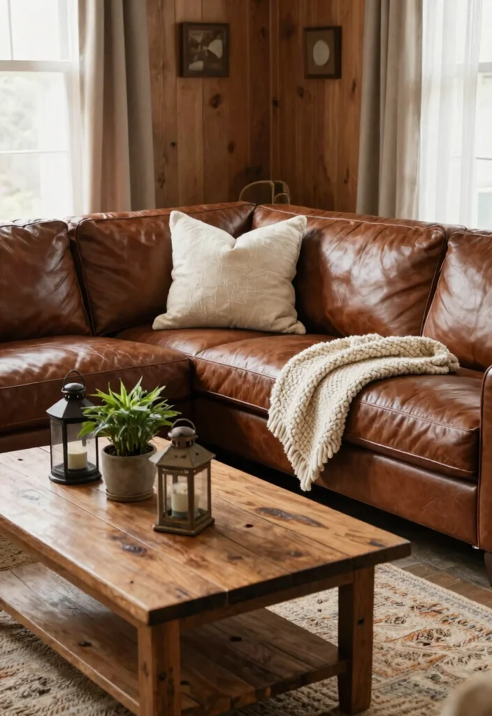 28 Rustic Reclining Sectional Ideas for a Cozy Living Room - 1. Classic Leather Sectional with Farmhouse Touches 1