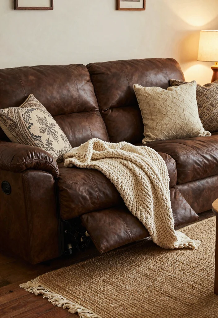 28 Rustic Reclining Sectional Ideas for a Cozy Living Room - 10. Chunky Knit Throw and Pillows for Comfort 1