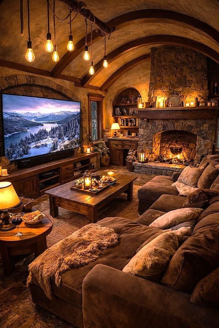 28 Rustic Reclining Sectional Ideas for a Cozy Living Room - 17. Stylish Lighting to Enhance Your Space 1