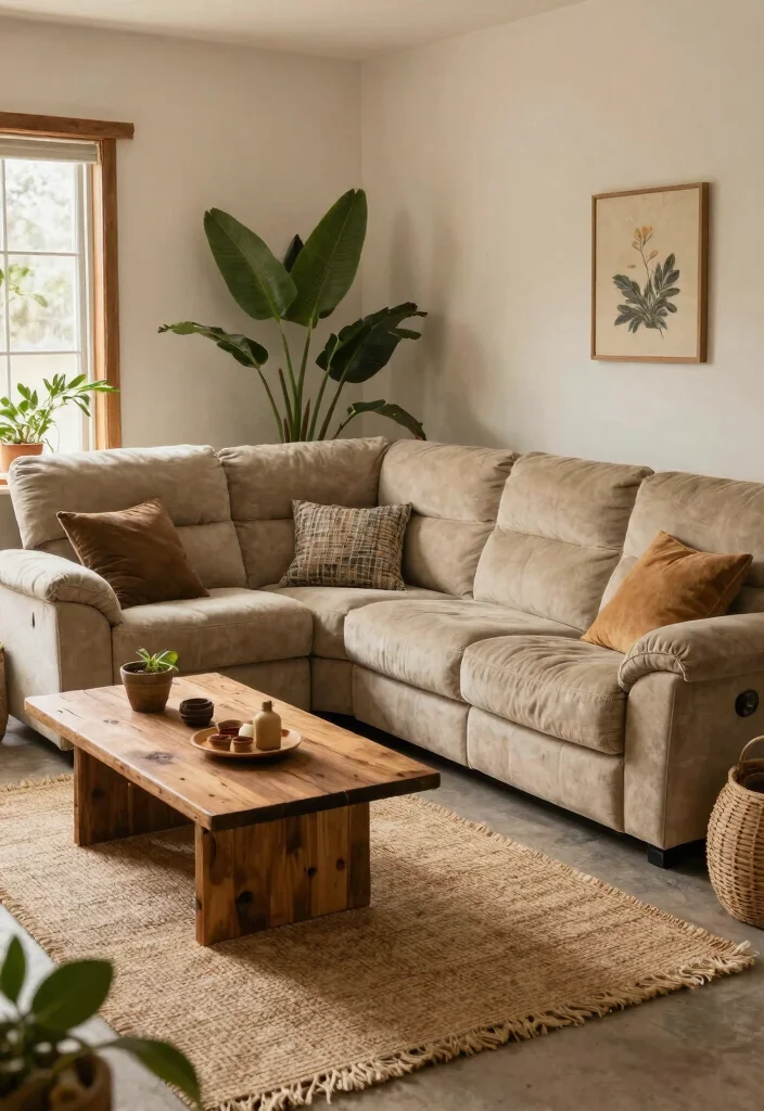28 Rustic Reclining Sectional Ideas for a Cozy Living Room - 18. Integrating Nature with Rustic Decor 1