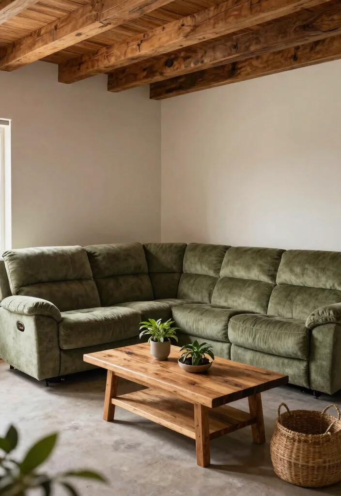 28 Rustic Reclining Sectional Ideas for a Cozy Living Room - 7. Cozy Reclining Sectional with Natural Wood Accents 1