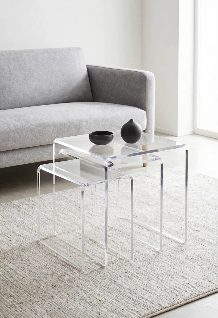 28 Sleek Coffee Table Ideas for a Minimalist Living Room - 22. Sleek Acrylic Nesting Tables 1