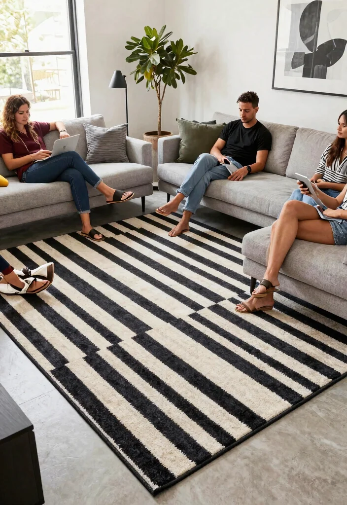 29 Indoor Area Rugs That Enhance Your Living Room Floor - 23. Bold Stripes for Impact 1