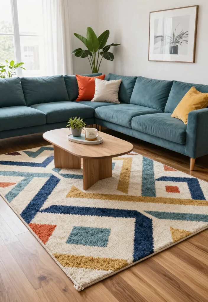 30 Big Rug Living Room Ideas to Define Your Space - 2. Bold Geometric Patterns 1