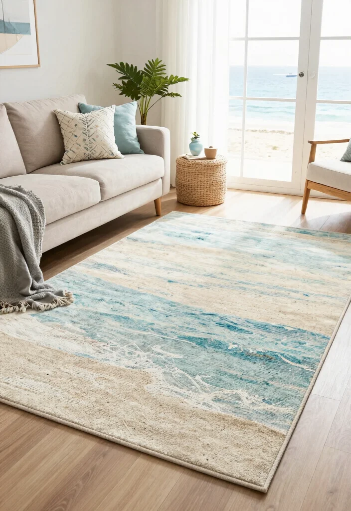 30 Big Rug Living Room Ideas to Define Your Space - 21. Coastal Vibes 1