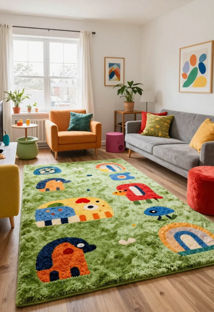 30 Big Rug Living Room Ideas to Define Your Space - 22. Whimsical Designs 1