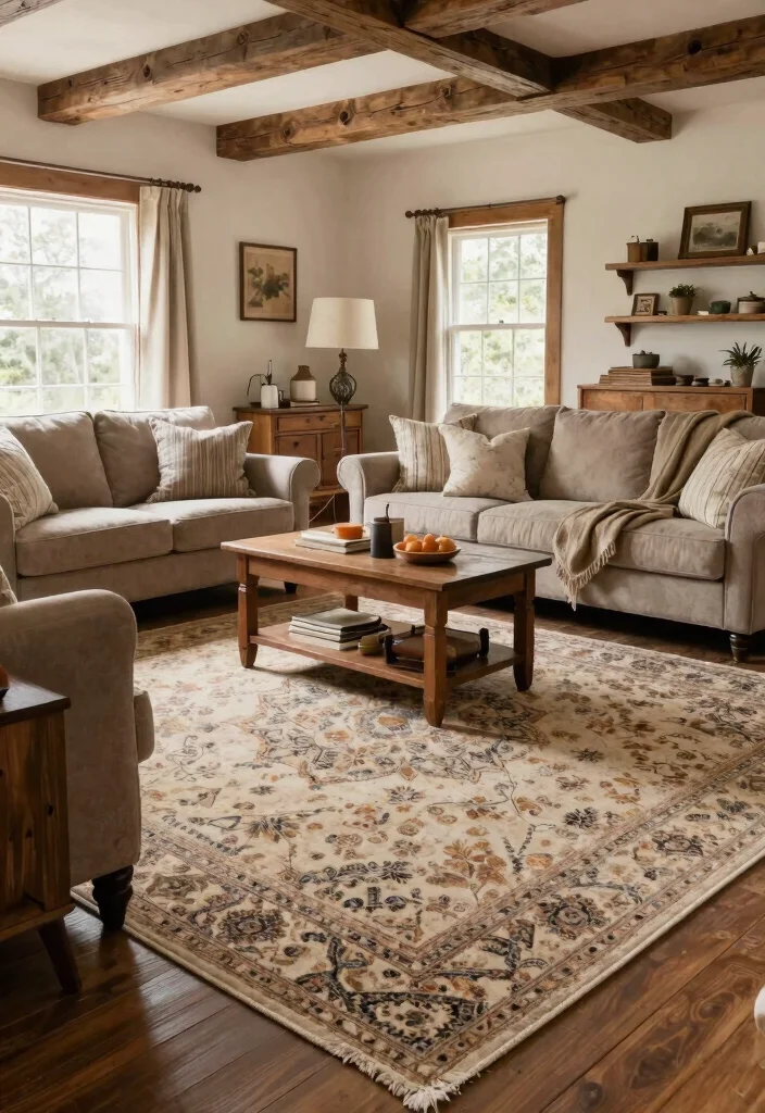 30 Big Rug Living Room Ideas to Define Your Space - 24. Farmhouse Fresh 1