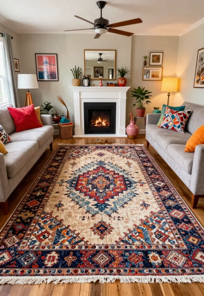 30 Big Rug Living Room Ideas to Define Your Space - 27. Multi-patterned Masterpieces 1