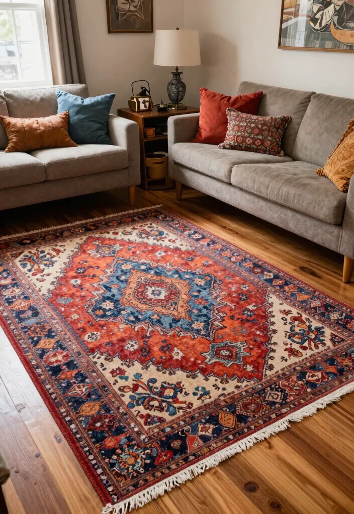 30 Big Rug Living Room Ideas to Define Your Space - 4. Vintage Finds 1
