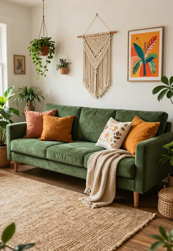 30 Green Sofa Living Room Ideas That Feel Fresh & Modern - 1. Bohemian Bliss: Layered Textures 1