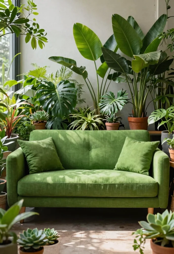30 Green Sofa Living Room Ideas That Feel Fresh & Modern - 13. Urban Jungle: Lush Greenery 1