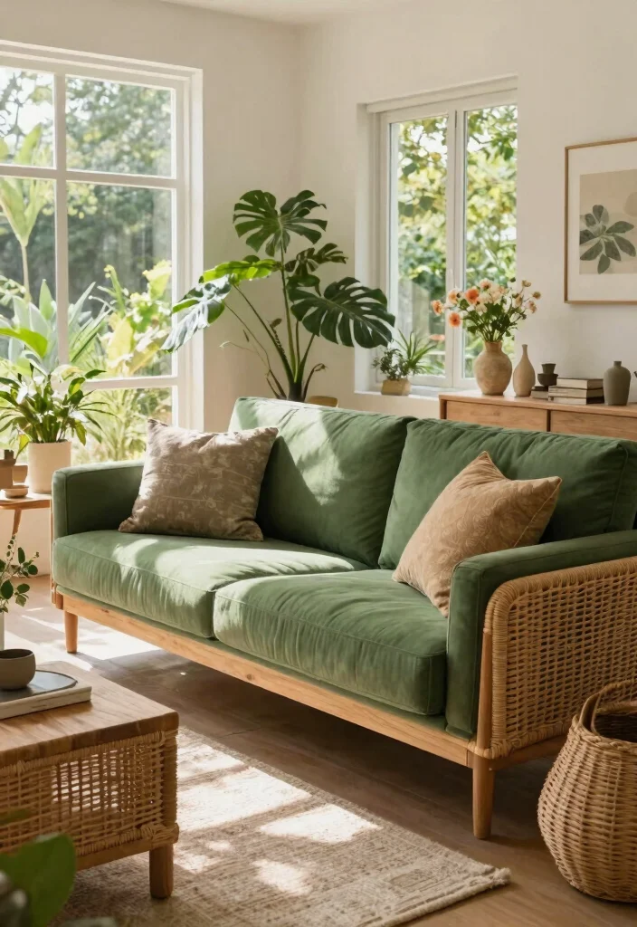 30 Green Sofa Living Room Ideas That Feel Fresh & Modern - 16. Outdoor Vibes: Bring the Outside In 1