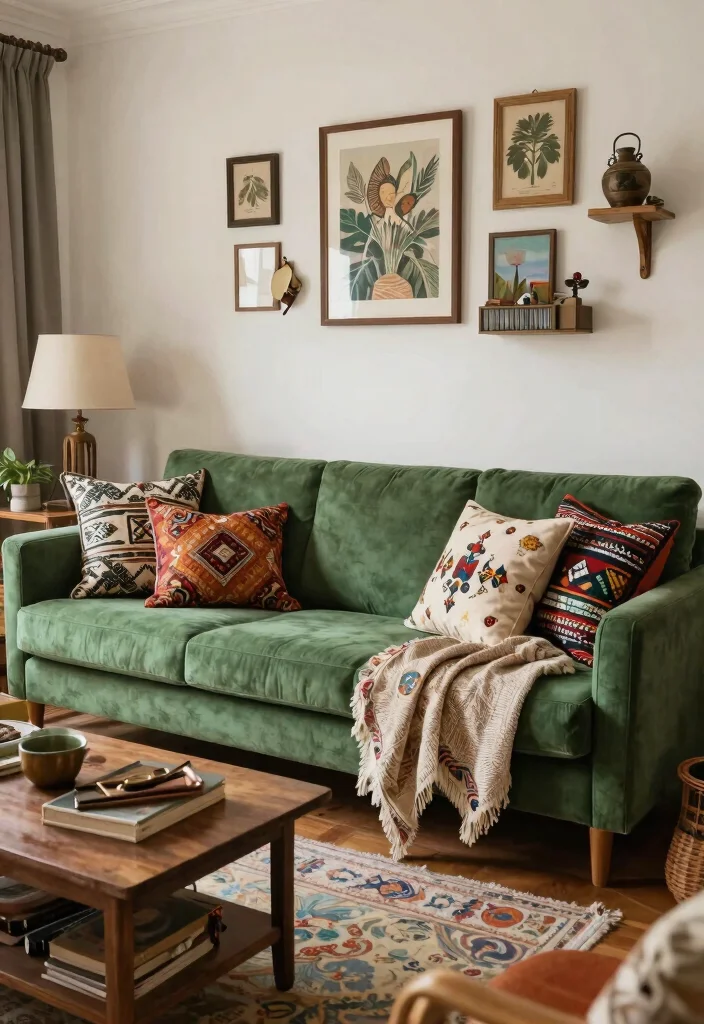 30 Green Sofa Living Room Ideas That Feel Fresh & Modern - 19. Global Inspiration: Travel Memories 1
