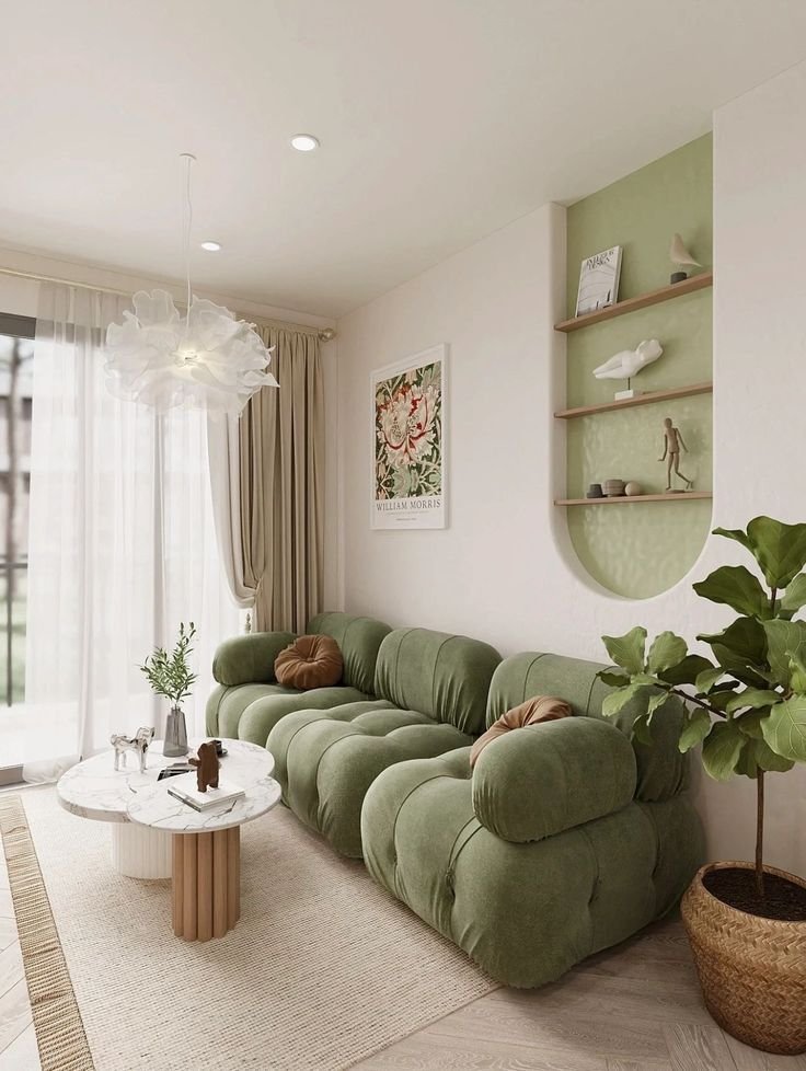 30 Green Sofa Living Room Ideas That Feel Fresh & Modern - 2. Minimalist Marvel: Clean Lines 1