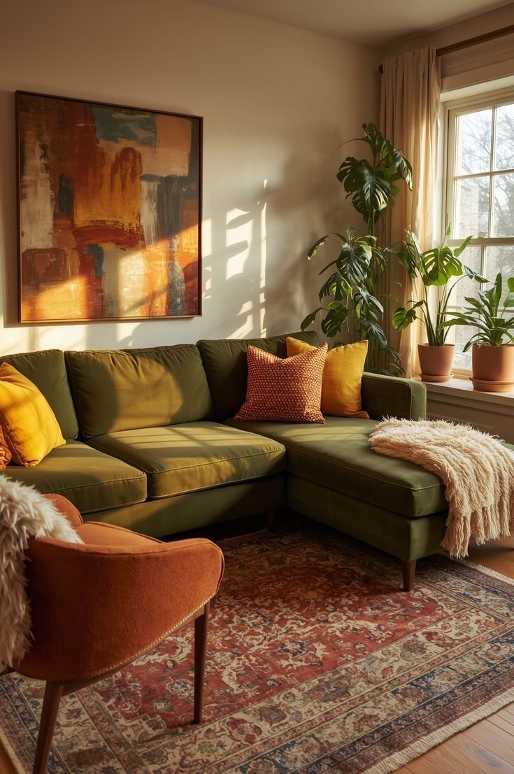 30 Green Sofa Living Room Ideas That Feel Fresh & Modern - 21. Vintage Finds: Thrifted Treasures 1