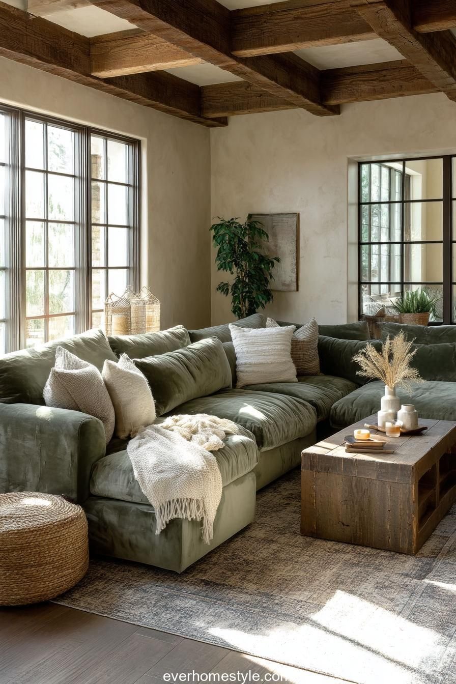 30 Green Sofa Living Room Ideas That Feel Fresh & Modern - 24. Artistic Wall: Statement Focal Point 1