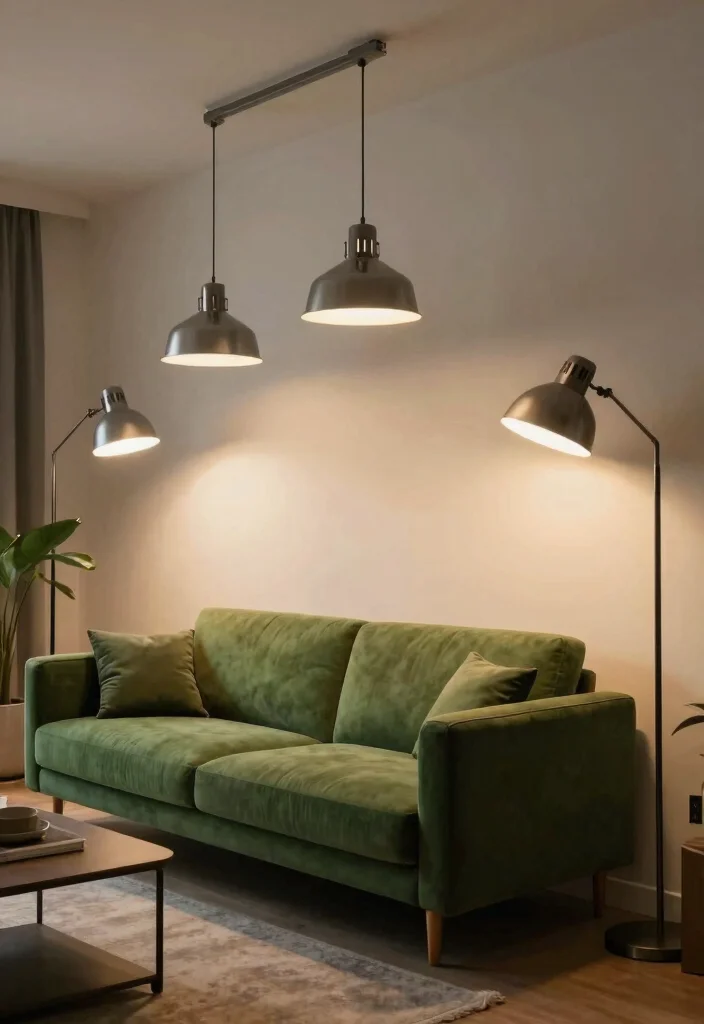 30 Green Sofa Living Room Ideas That Feel Fresh & Modern - 25. Industrial Lighting: Brighten Up 1