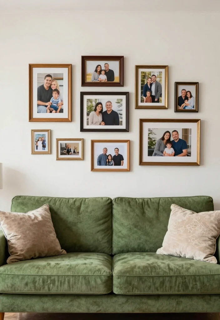 30 Green Sofa Living Room Ideas That Feel Fresh & Modern - 28. Personal Touch: Family Photos 1