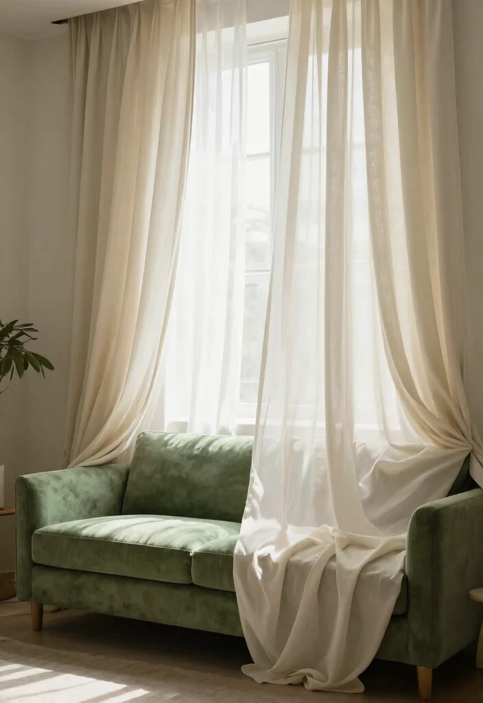 30 Green Sofa Living Room Ideas That Feel Fresh & Modern - 29. Dreamy Layers: Soft Draperies 1