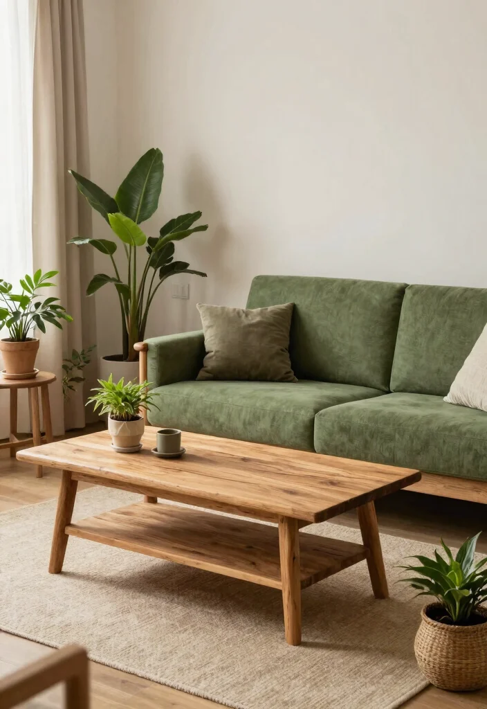 30 Green Sofa Living Room Ideas That Feel Fresh & Modern - 7. Natural Elements: Wood and Green 1