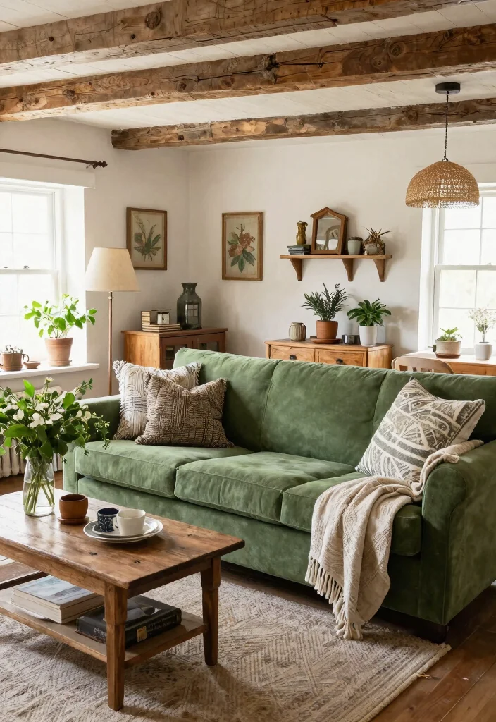 30 Green Sofa Living Room Ideas That Feel Fresh & Modern - 9. Farmhouse Charm: Rustic Greenery 1