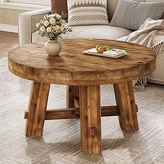 31.5-Inch Round Coffee Table, Solid Wood Center Table with Thickened Tab...