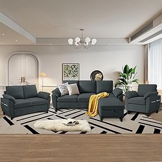4 Piece Convertible Sectional Sofa Set, Modern Linen Small L Shaped Couc...