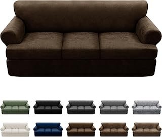 4-Piece T Couch Cover - Leather Look Slipcovers for 3 Cushion Sofa, Wash...