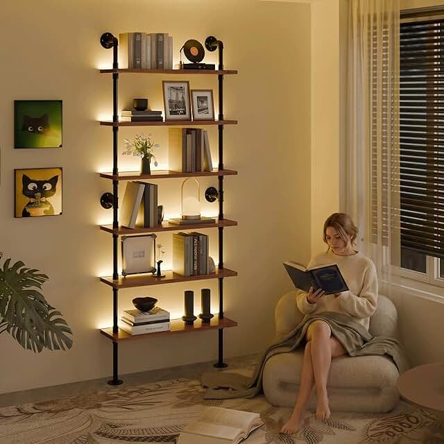 6 Tier LED Wall Mounted Bookshelf with Light Strip, 36 Inch Industrial P...