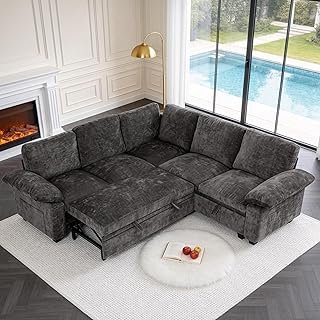86 Inch Sectional Sleeper L Shaped Sofa with Pull Out Bed, 5 Seater Modu...