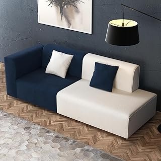 87.79” Modern Minimalist Fabric Sofa, Fashionable White and Navy Blue Mo...