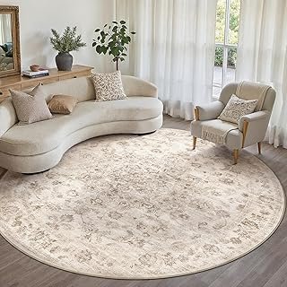 8x8 Washable Neutral Round Rug Beige Vintage Living Room Bedroom Circle ...