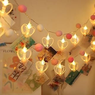 9.85Ft Photo Clip String Lights with 20 Cute Pompoms 20 LED Clear Heart ...