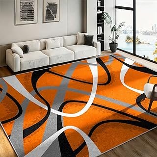 Abstract Area Rug, 6x9ft Orange Black White Grey Swirl Carpet, Non-Slip ...