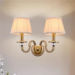 Antique Brass Wall Sconce Pleated Fabric Shade Retro Rustic Crystal Wall...