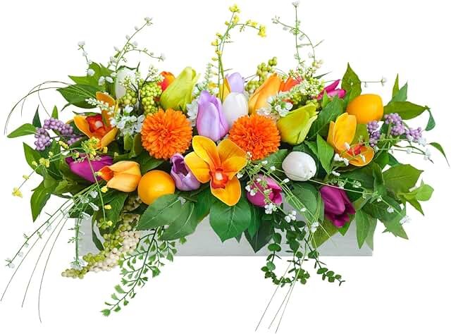 Artificial Tulip & Dahlia Table Centerpiece Lifelike Faux Flowers with D...