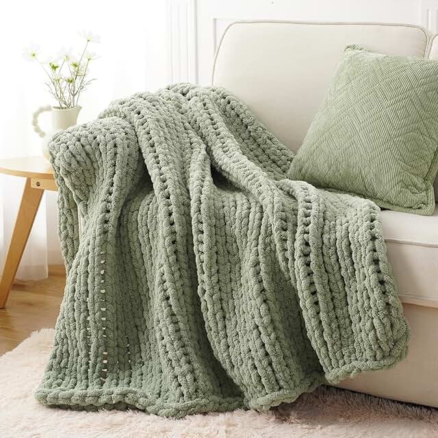 Battilo Sage Green Chunky Knit Throw Blanket, Soft and Thick Chenille Th...