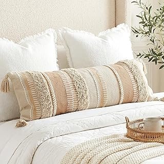 BlissBlush Decorative Lumbar Pillow Cover 14x36 for Bed, Neutral Cream B...