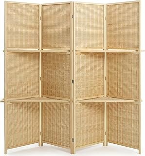 Bluecat 4 Panel Bamboo Room Divider with Shelves, Lightweight Privacy Sc...