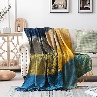 Bohemian Throw Blanket for Couch，Colorful Chenille Tassels Boho Woven Hi...