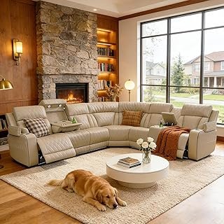 Breathing Leather Reclining Sofa Set,Power Recliner Sectional Couch with...