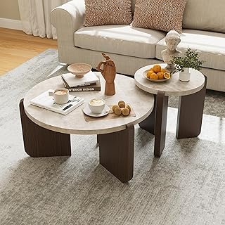 COSIEST Modern Round Coffee Table & Side Table Set, Faux Marble Wood Top...