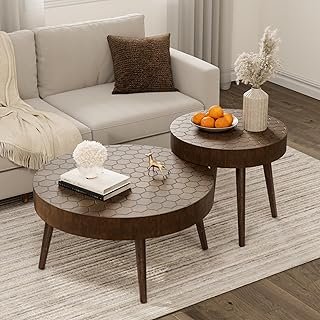COSIEST Round Coffee Table Set of 2, Nesting Tables with Honeycomb Patte...