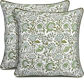 CPC 100% Cotton Throw Pillow Covers 20x20 Inch, Set of 2 Green Block Pri...