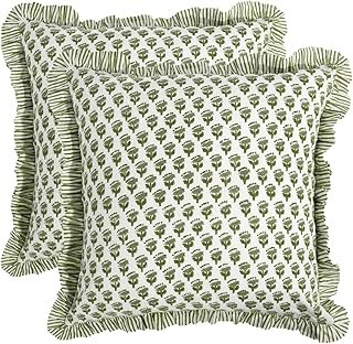 CPC Block Print Ruffle Throw Cover Emerald Green 18
