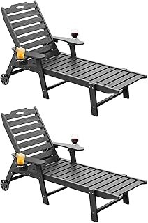 Carauci Lounge Chair Outdoor Set of 2, HDPE Chaise Lounge with Wheels, 5...
