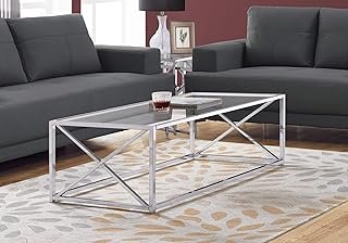 Chrome Coffee Table with Clear Tempered Glass Top, Silver X-Pattern Meta...