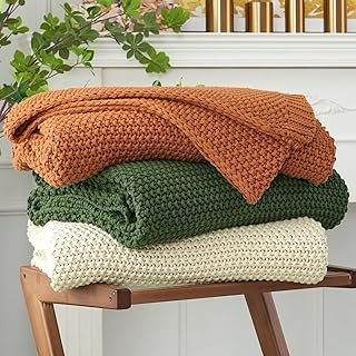 Chunky Cable Knit Throw Blanket Lightweight Beige 100% Organic Cotton Bl...