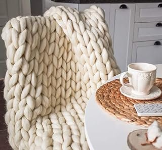 Chunky Knit Blanket Hand Made Merino Wool Throw Boho Bedroom Sofa Home D...